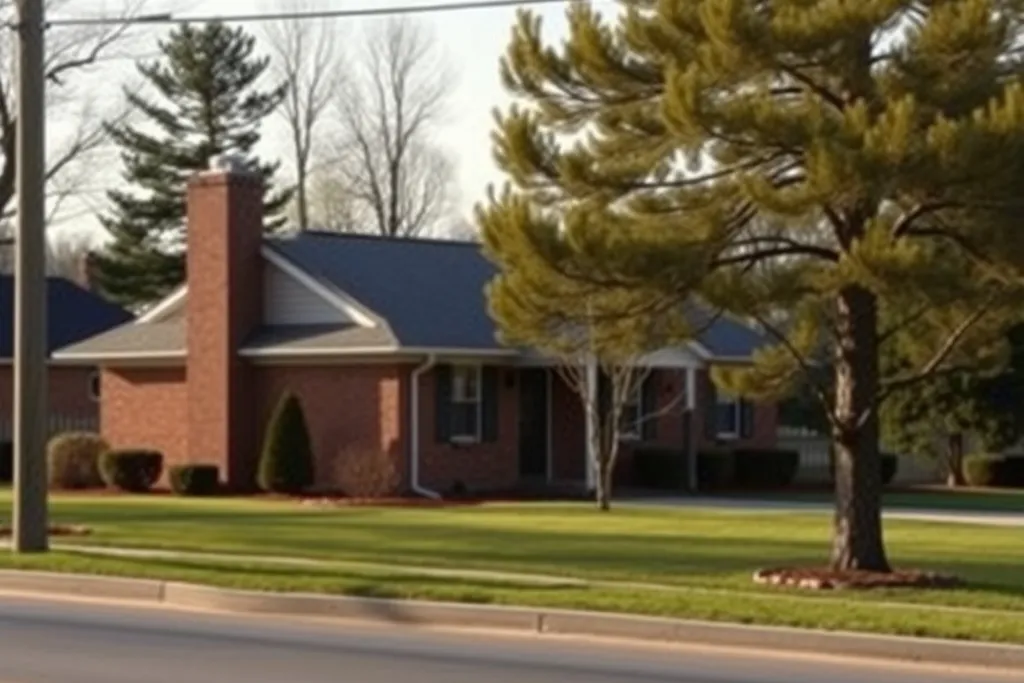 A one-storey brick ranch house with a grey shingle roof and a brick chimney among tall pines.